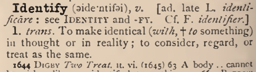 Identify (OED, 1933) definition excerpt.